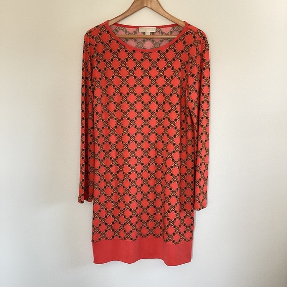 Michael Kors Chain Link Long Sleeve Orange & Gold Shift Dress Sz XL Equestrian - Picture 1 of 13